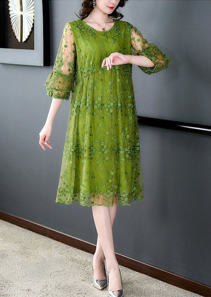 Green O Neck Embroideried Patchwork Tulle Mid Dress Summer