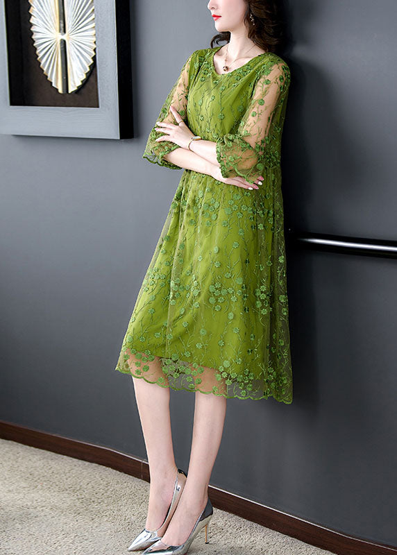 Green O Neck Embroidered Patchwork Tulle Mid Dress Summer