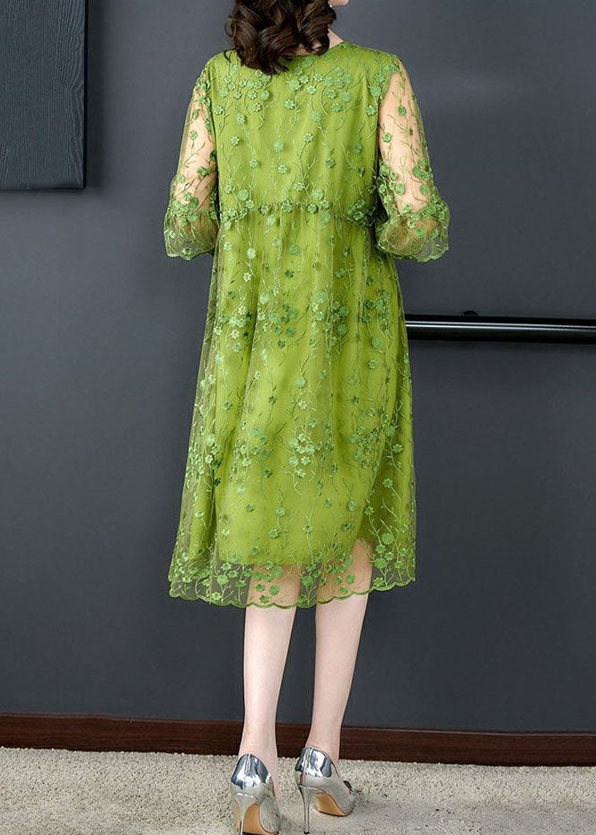 Green O Neck Embroidered Patchwork Tulle Mid Dress Summer