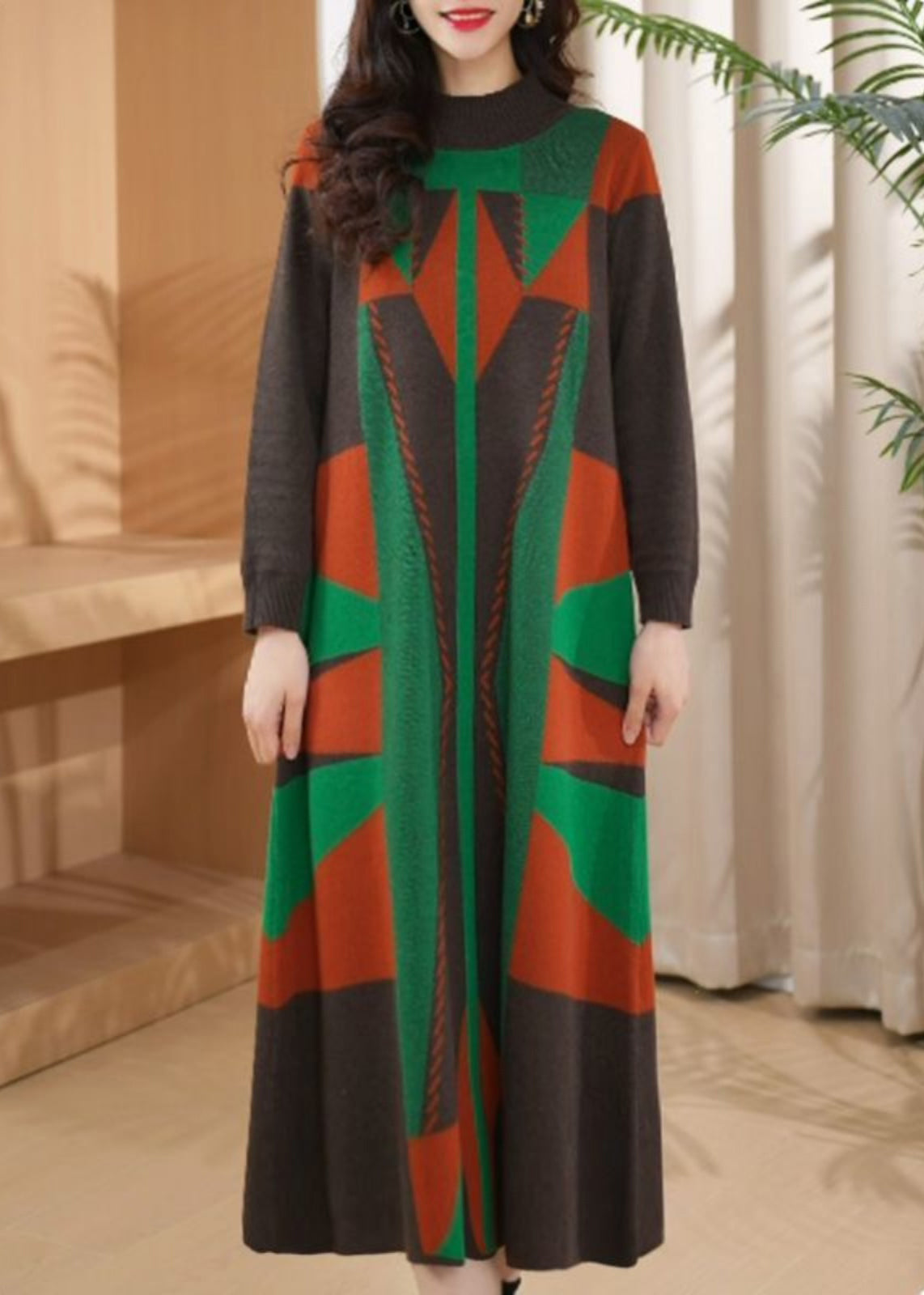 Green O Neck Geometric Woolen Long Knit Dress Winter