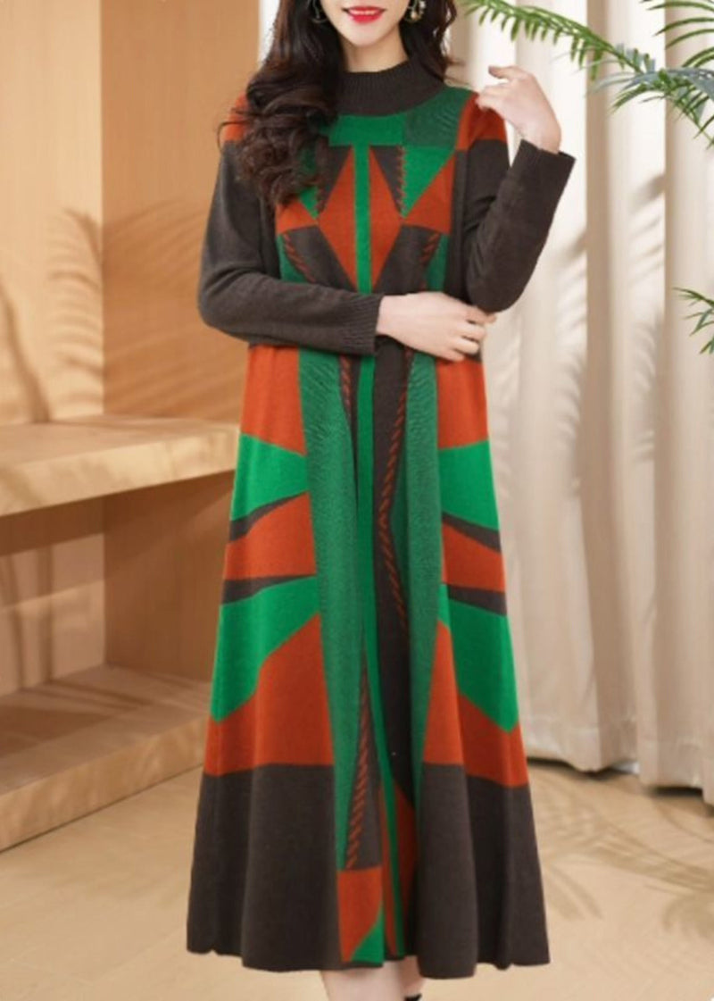 Green O Neck Geometric Woolen Long Knit Dress Winter