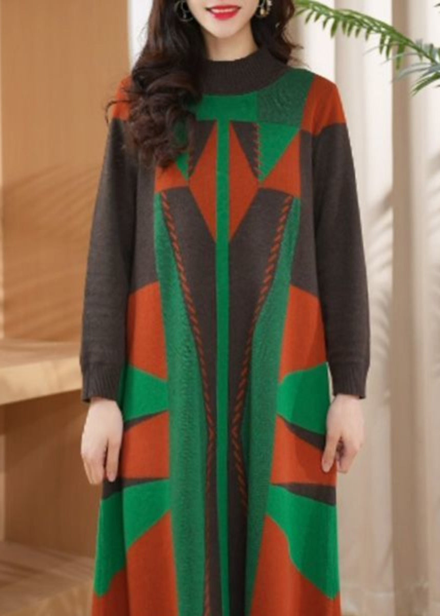 Green O Neck Geometric Woolen Long Knit Dress Winter