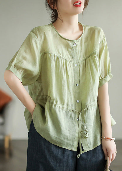 Green O-neck Patchwork Wrinkled Tie Waist Ramie Shirt Short Sleeve