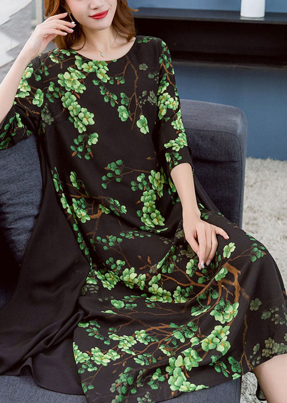 Green O Neck Print Patchwork Chiffon Dresses Summer