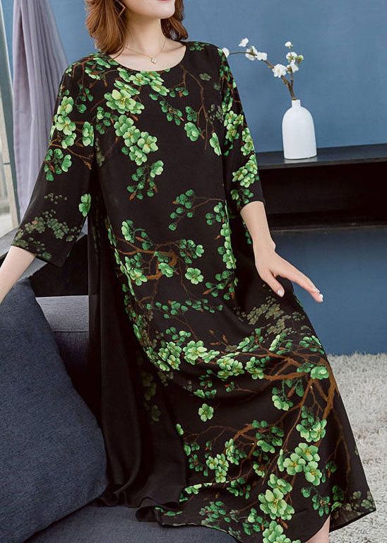 Green O Neck Print Patchwork Chiffon Dresses Summer