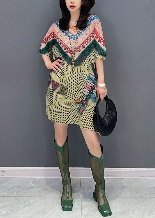 Green O Neck Print Patchwork Cotton Mid Dresses Summer