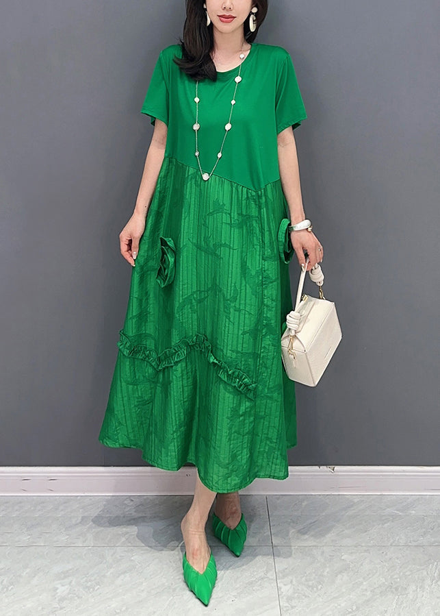Green O Neck Ruffled Patchwork Cotton Dresses Summer