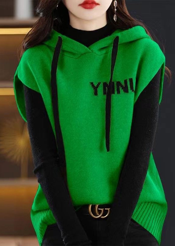 Green Patchwork Drawstring Cotton Knit Hooded Waistcoat Spring