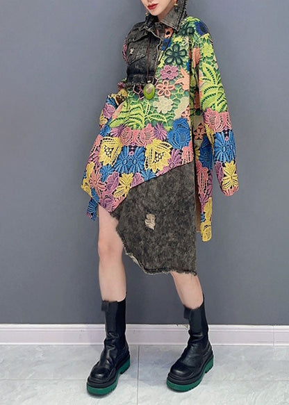 Green Peter Pan Collar Asymmetrical Print Vacation Mid Dresses Long Sleeve
