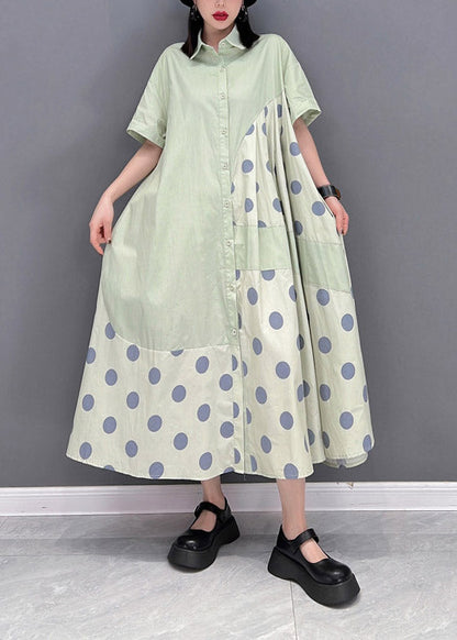 Green Peter Pan Collar Dot Patchwork Button Pockets Wrinkled Dress Half Sleeve