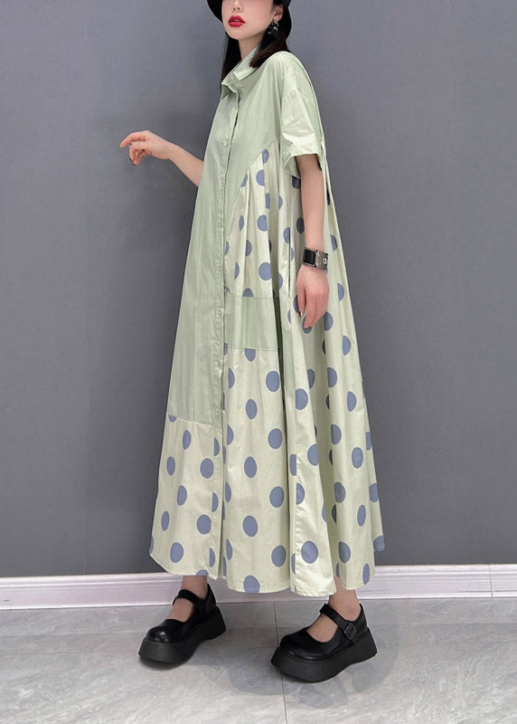 Green Peter Pan Collar Dot Patchwork Button Pockets Wrinkled Dress Half Sleeve