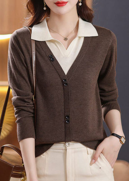 Green Peter Pan Collar False Two Pieces Patchwork Knit Sweaters Fall