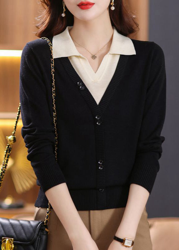 Green Peter Pan Collar False Two Pieces Patchwork Knit Sweaters Fall