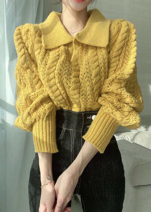 Green Peter Pan Collar Hollow Out Patchwork Knit Short Pullover Lantern Sleeve