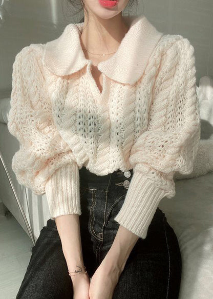 Green Peter Pan Collar Hollow Out Patchwork Knit Short Pullover Lantern Sleeve