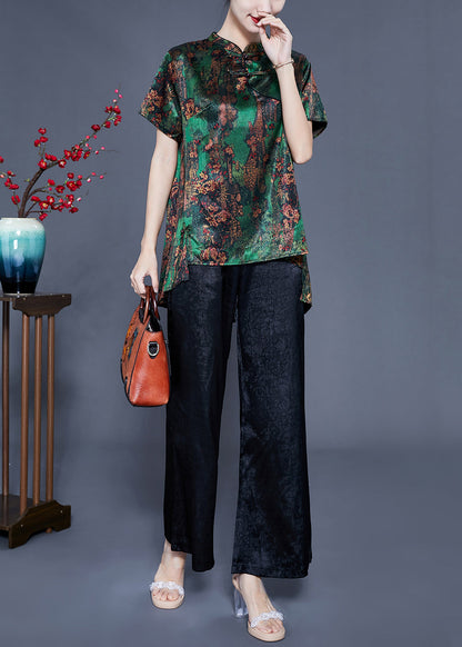 Green Print Asymmetrical Design Silk Oriental Two-piece Set Summer