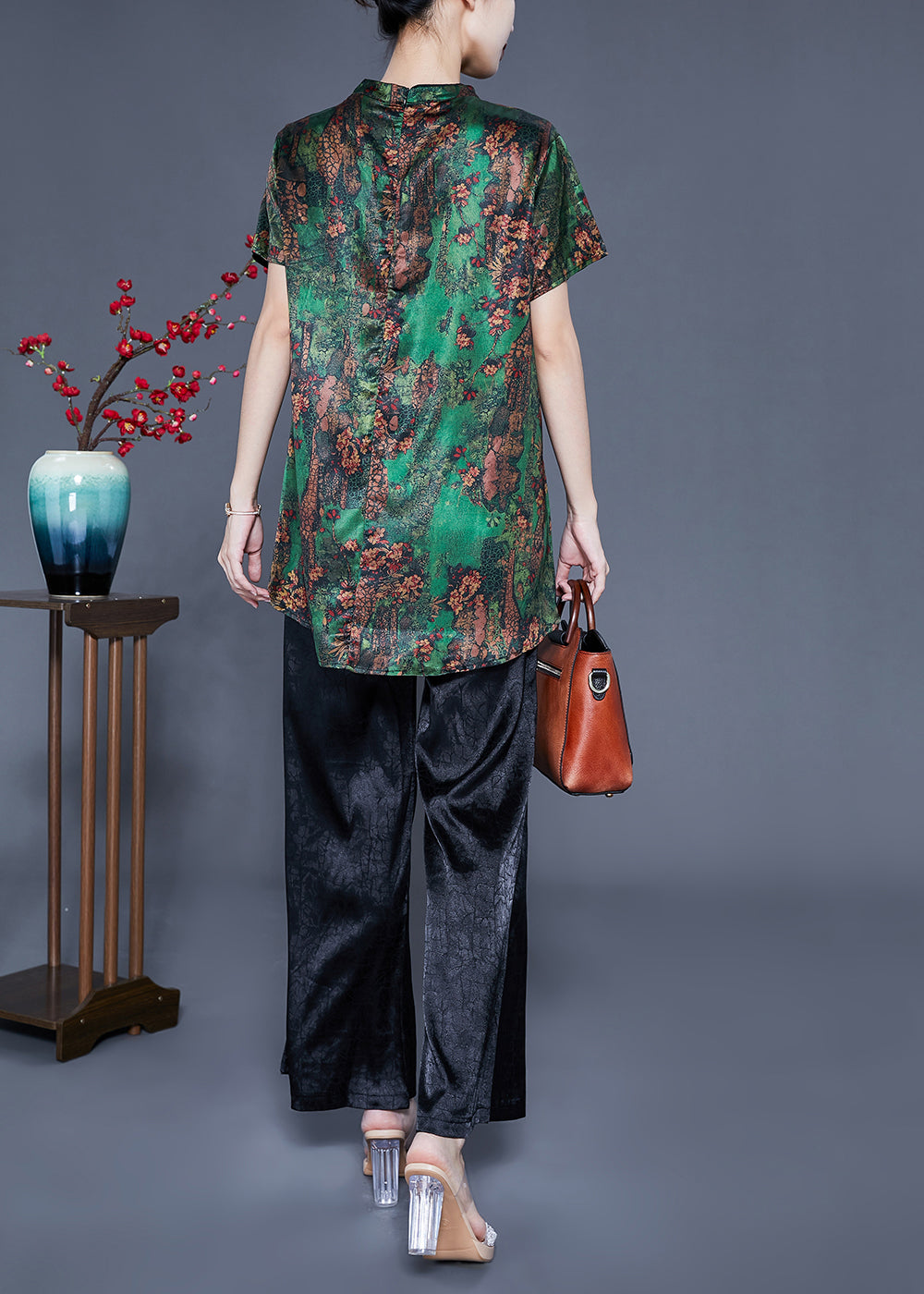 Green Print Asymmetrical Design Silk Oriental Two-piece Set Summer