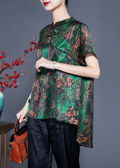 Green Print Asymmetrical Design Silk Oriental Two-piece Set Summer