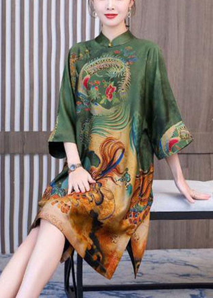 Green Print Chinese Style Silk a Line Dresses Spring