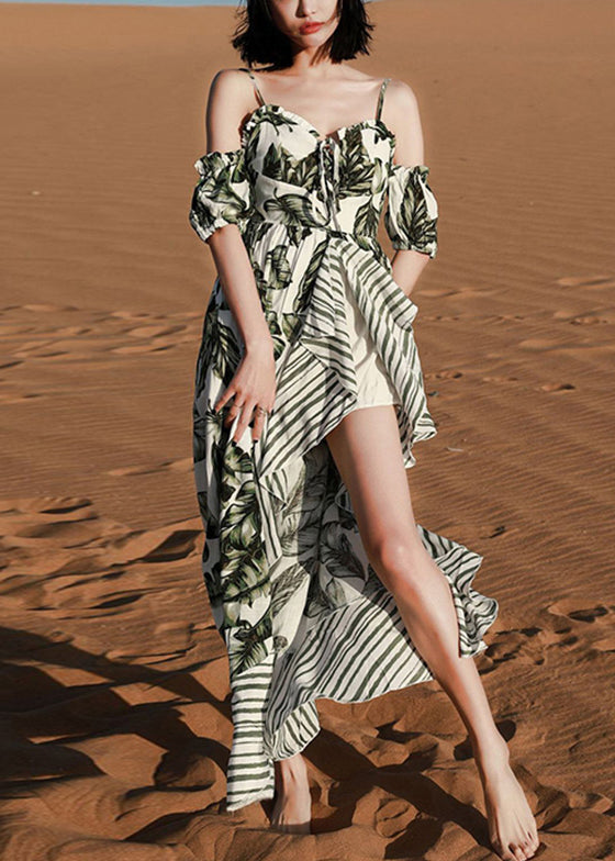 Green Print Lace Up Patchwork Cotton Spaghetti Strap Dress Summer