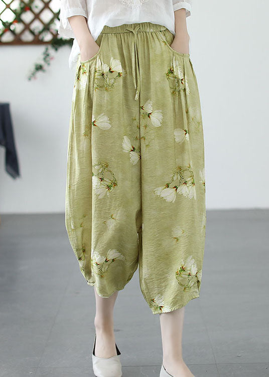 Green Print Pockets Patchwork Linen Harem Pants Summer