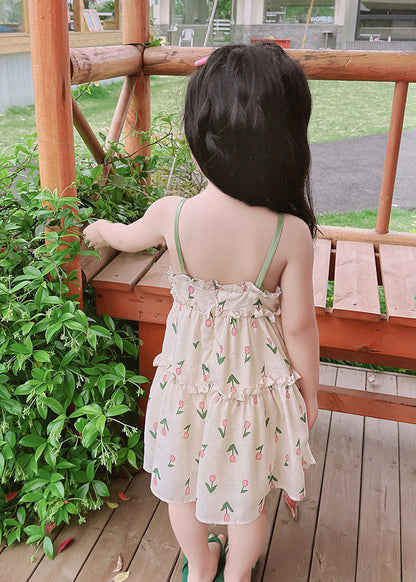 Green Print Ruffled Patchwork Cotton Baby Sundress Sleeveless