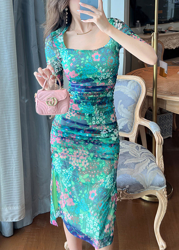 Green Print Side Open Long Dresses Summer