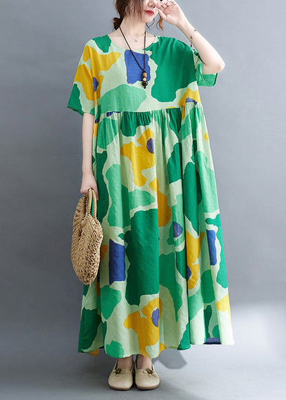 Green Print Wrinkled Party Maxi Dress Summer