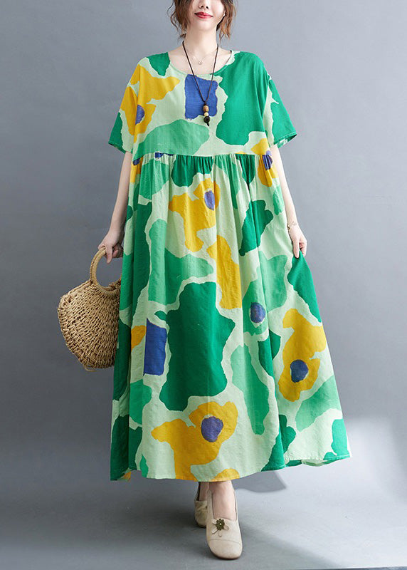 Green Print Wrinkled Party Maxi Dress Summer