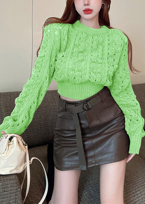 Green Puff Sleeve Hollow Out Knit Short Sweater Spring