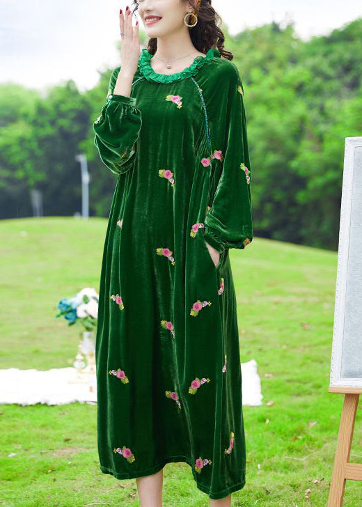Green Ruffled Embroideried Silk Velour Maxi Dresses Spring