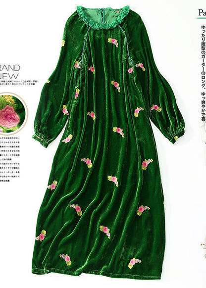 Green Ruffled Embroideried Silk Velour Maxi Dresses Spring