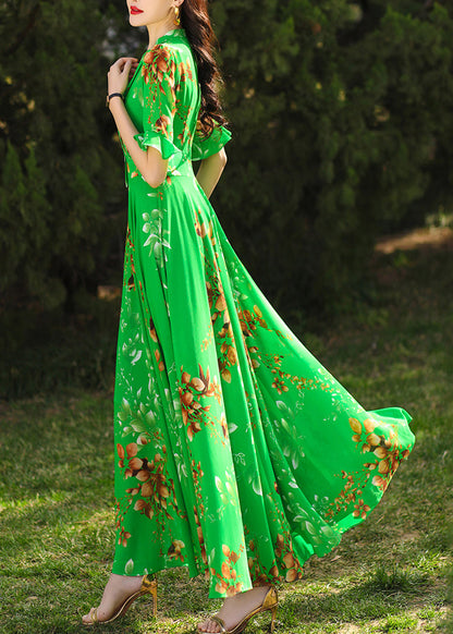 Green Ruffled Print Chiffon Maxi Dresses Summer