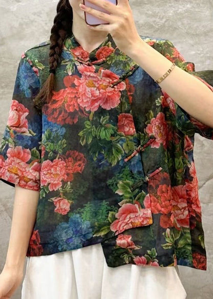 Green Stand Collar Print Linen Shirt Summer