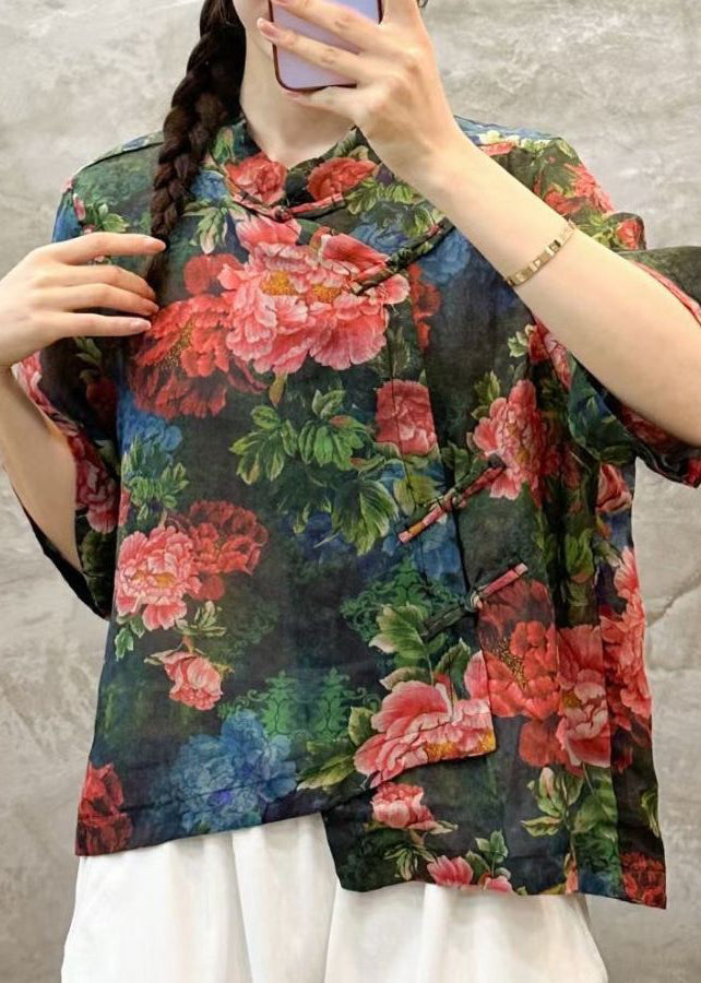 Green Stand Collar Print Linen Shirt Summer