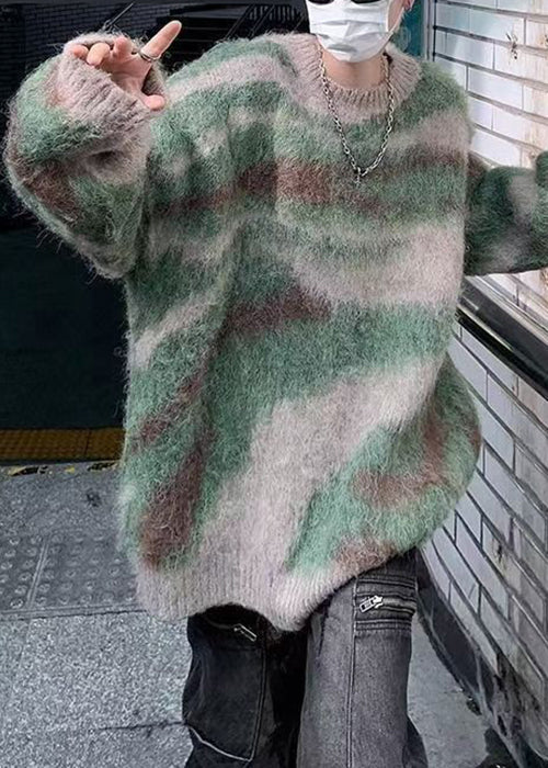 Green Striped Patchwork Knit Sweaters Winter