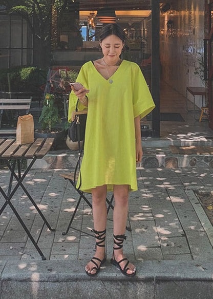 Green V Neck Linen Mid Dresses Half Sleeve