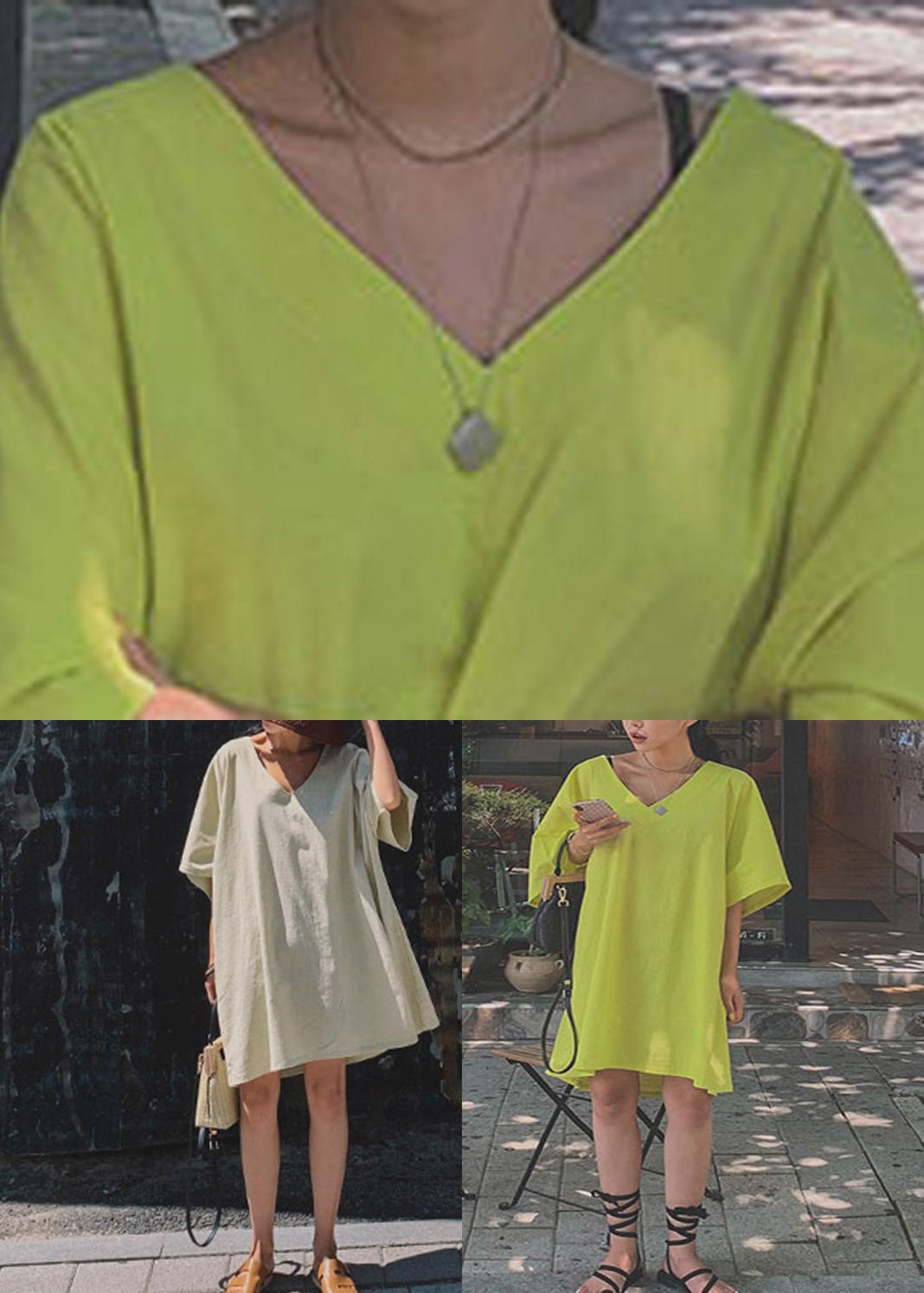Green V Neck Linen Mid Dresses Half Sleeve