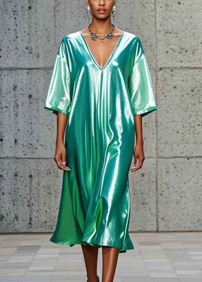 Green V Neck Oversized Silk Vacation Dresses Summer