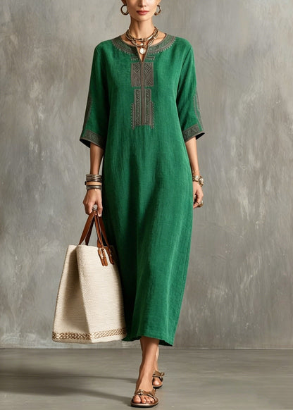 Green V Neck Patchwork Silk Long Dresses Half Sleeve