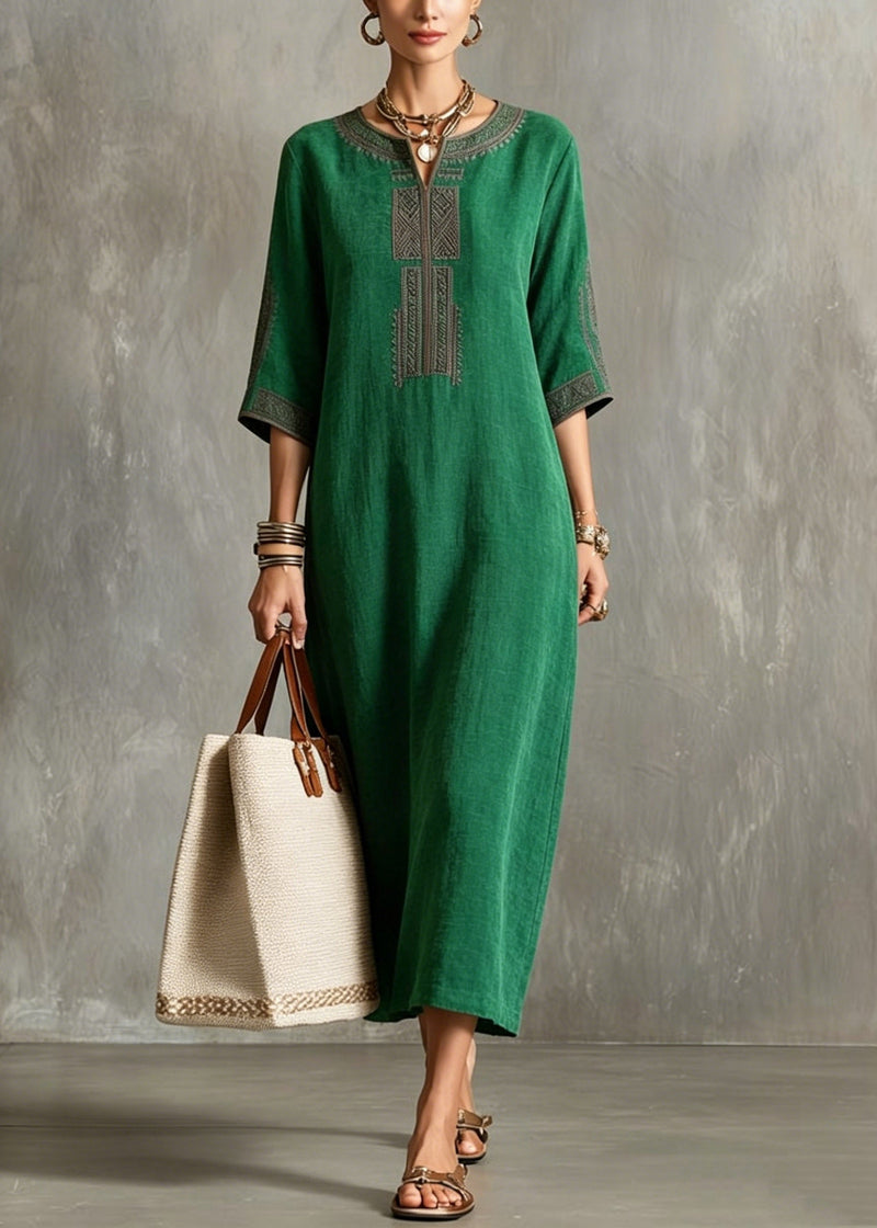 Green V Neck Patchwork Silk Long Dresses Half Sleeve