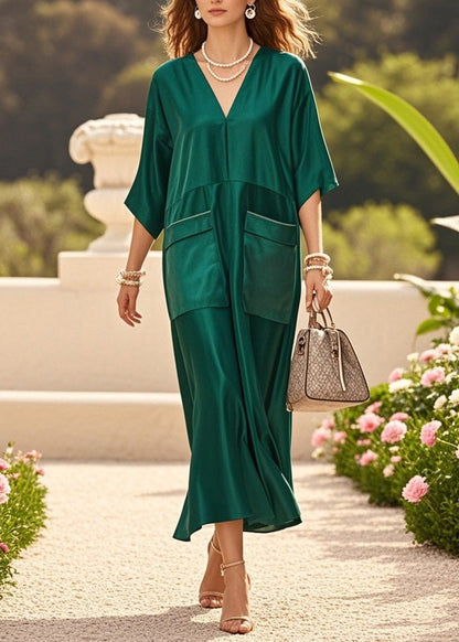 Green V Neck Pockets Patchwork Silk Dresses Summer