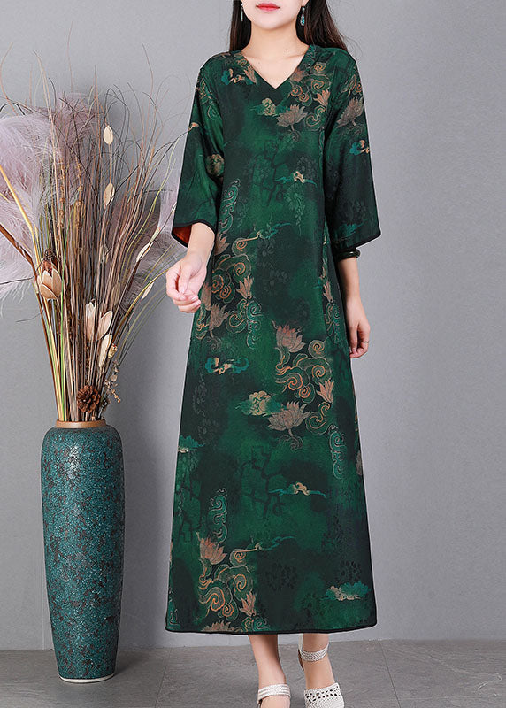 Green V Neck Print Wear on Both Sides Silk Long Dresses Bracelet Sleeve