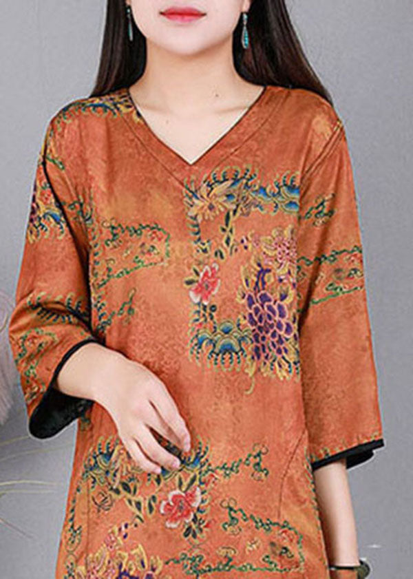 Green V Neck Print Wear on Both Sides Silk Long Dresses Bracelet Sleeve