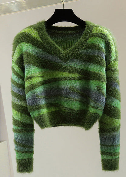 Green V Neck Thick Striped Cotton Knit Sweater Winter