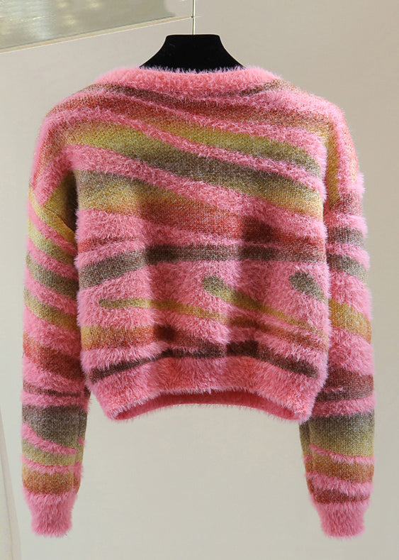 Green V Neck Thick Striped Cotton Knit Sweater Winter