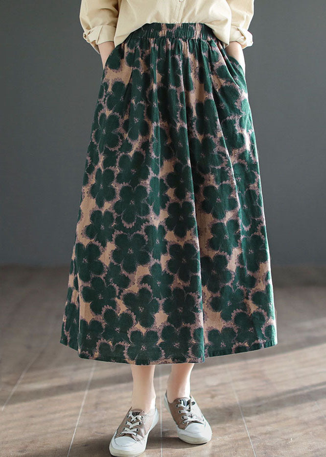 Green Wrinkled Pockets Print Patchwork Cotton Skirts Summer