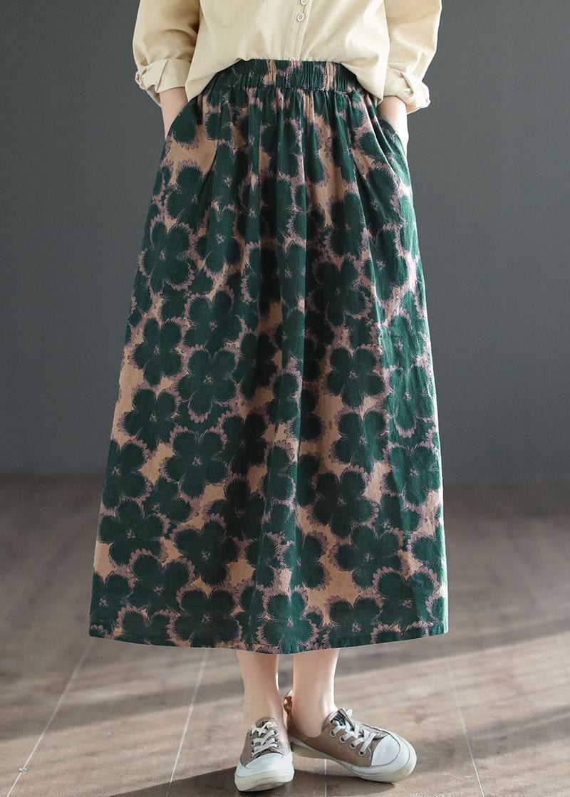 Green Wrinkled Pockets Print Patchwork Cotton Skirts Summer