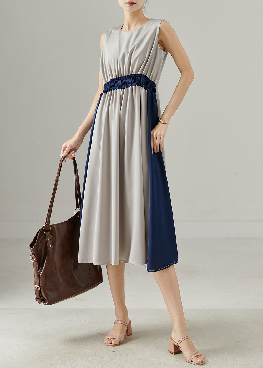Grey Elastic Waist Patchwork Chiffon Holiday Dress Summer