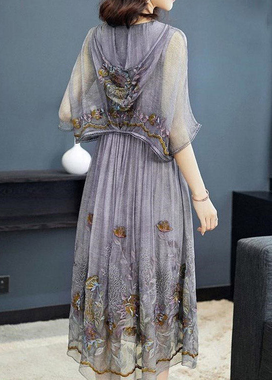 Grey Printing Neck Tie Take Two Pieces Hooded Maxi Dresses Summer